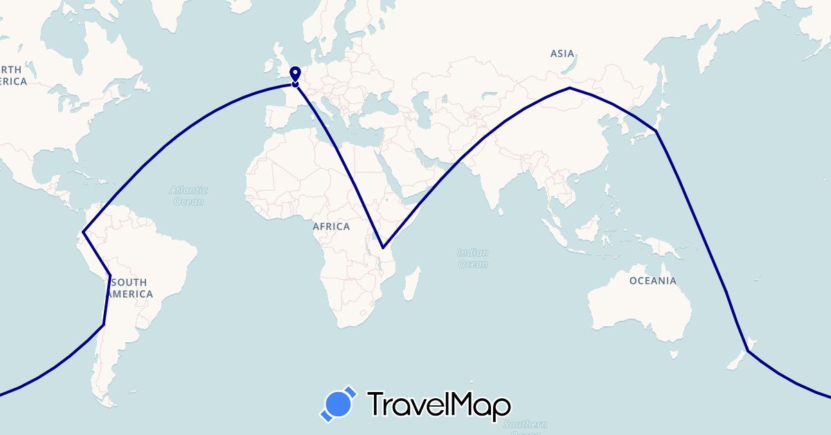 TravelMap itinerary: driving in Bolivia, Chile, Ecuador, France, Japan, Mongolia, New Caledonia, New Zealand, Tanzania (Africa, Asia, Europe, Oceania, South America)